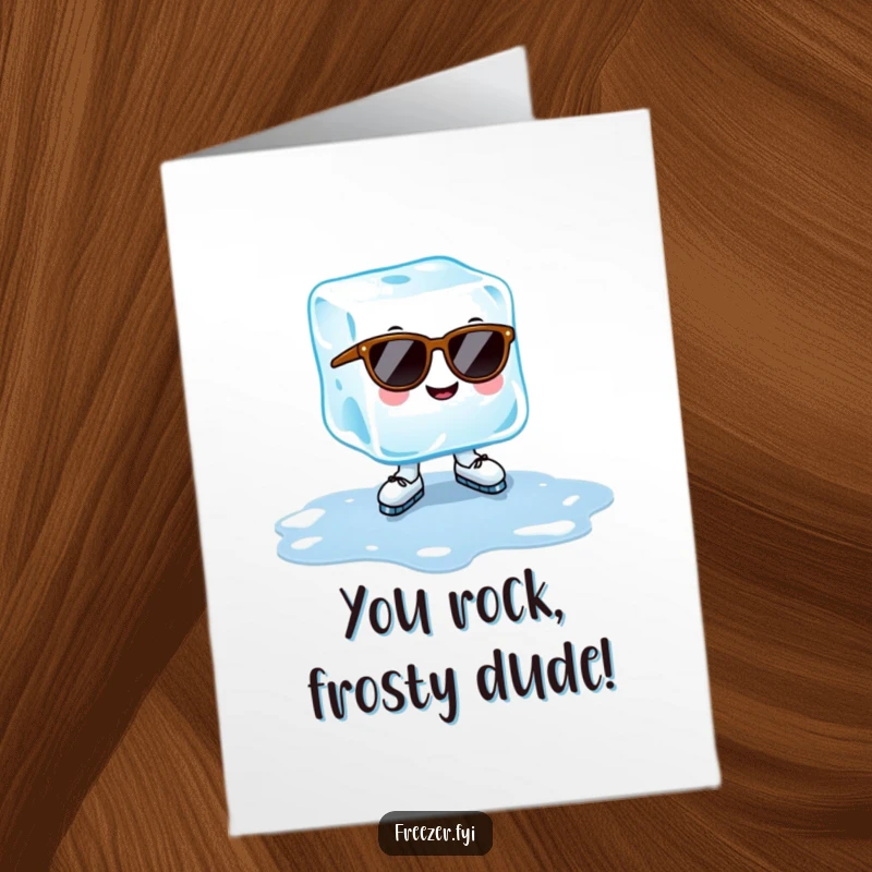 Funny Free Printable Ice Cube Congratulations Card: A cheerful ice cube wearing sunglasses ice-skates on a puddle.