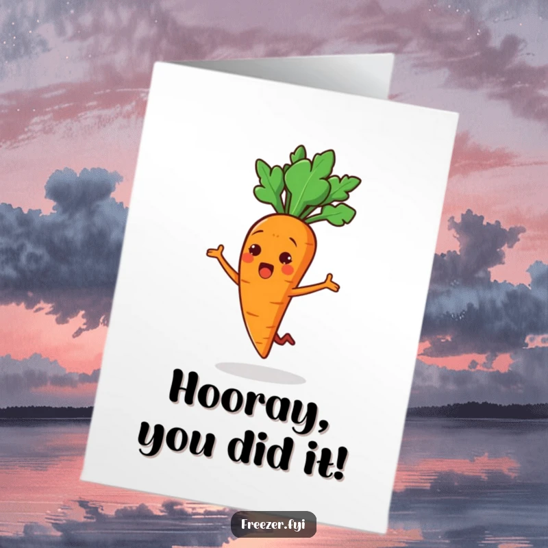 Funny Free Printable Congrats Card: A carrot stick character doing a surprised jump, expressing jubilant congratulations, ready to print.