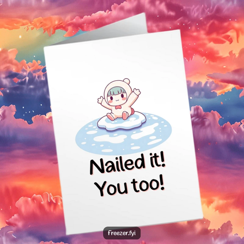 Funny Free Printable Congrats Card: A character comically slides on a frozen surface, arms flailing, celebrating your win with a laugh.