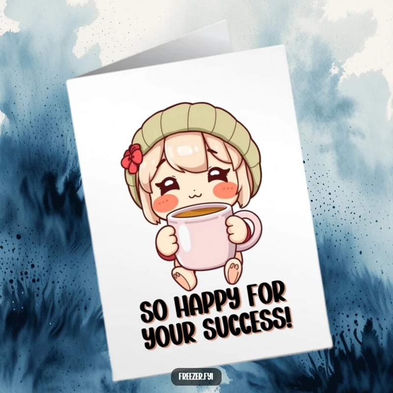 Funny Free Printable Congratulations Card: Character with rosy cheeks clutching a warm mug, exuding happiness and warmth for congratulations.