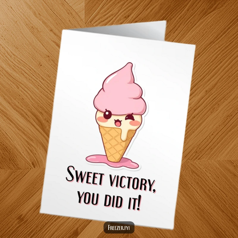Free Printable Congratulations Card with a cute, bewildered ice cream cone character slightly melting in surprise.
