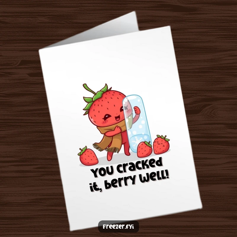 Funny Free Printable Congratulations Card: A strawberry in a scarf exerts effort to open a stubbornly frozen jar