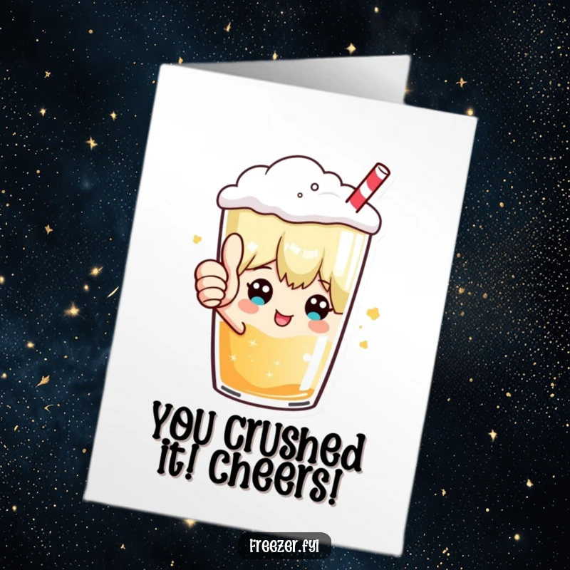 Funny Free Printable Congratulations Card: Character inside a frosty drink giving a thumbs up, celebrating achievement.