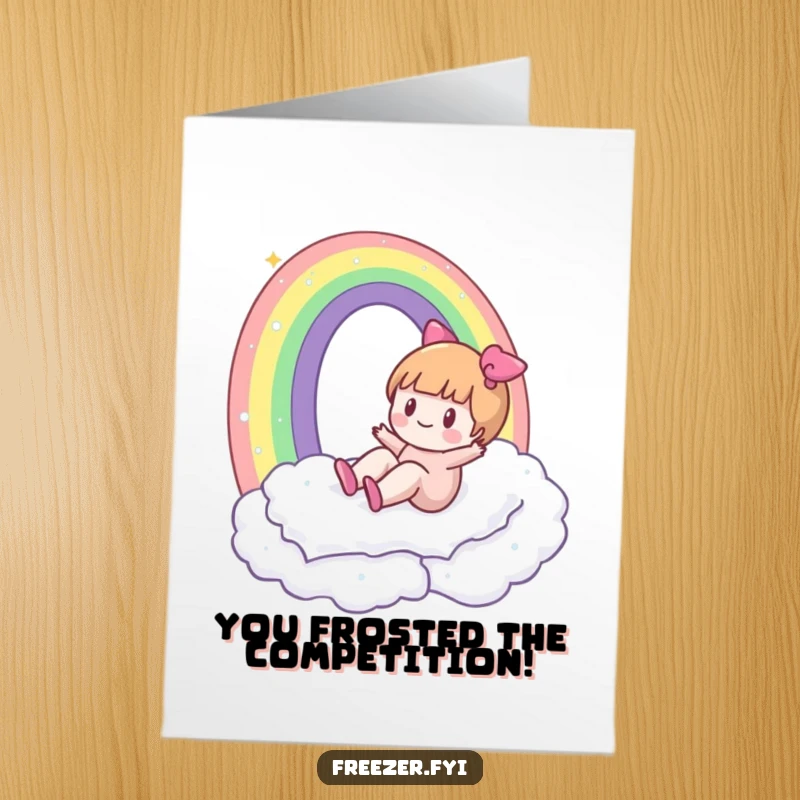 Funny Free Printable Congratulations Card: A character joyfully sliding down a rainbow sculpted from frost, marking a cool and impressive achievement.