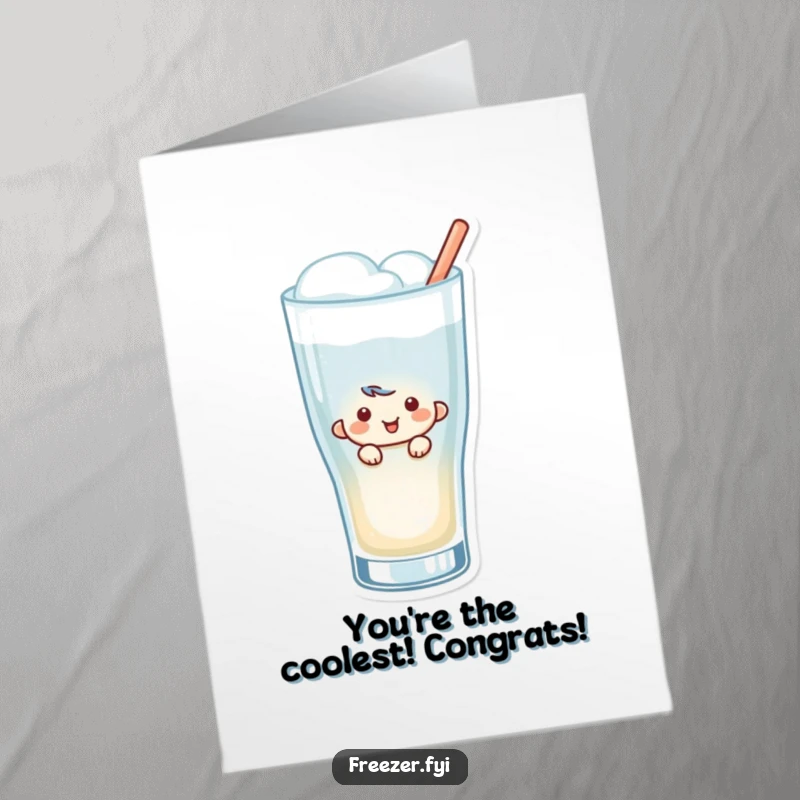 Free Printable Congratulations Card: A smiling character peeking from a frosty beverage glass, celebrating success.