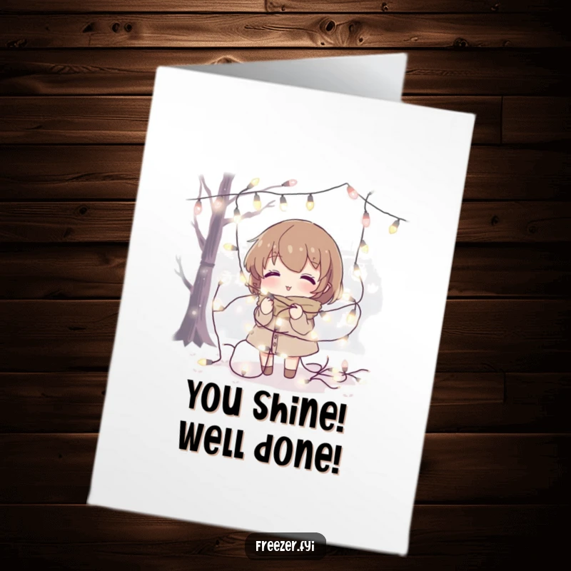 Funny free printable congratulations card: a character entangled in a string of fairy lights in a chilly setting.