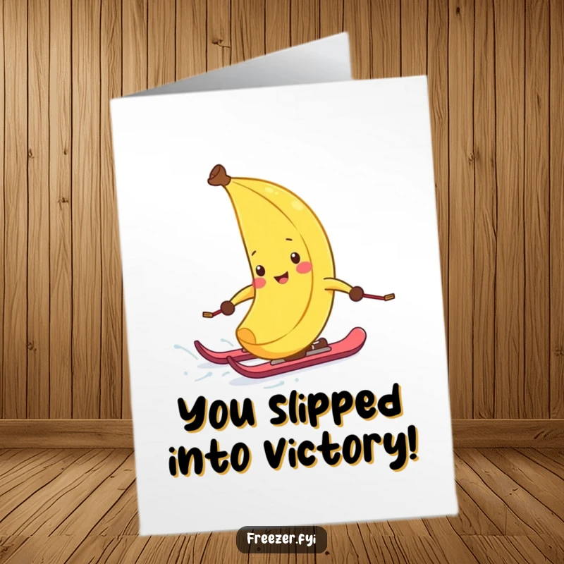 Funny Free Printable Congratulations Card: A happy banana peel skis downhill with tiny skis, looking thrilled