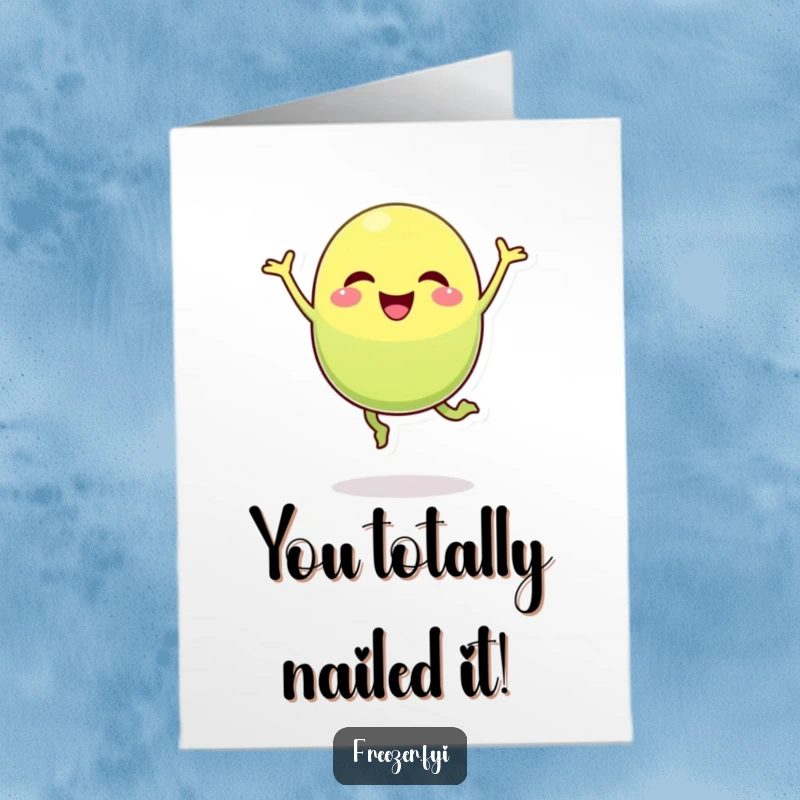 Funny Free Printable Congrats Card: A bright green pea pod character captured mid-jump with a wide, silly grin.