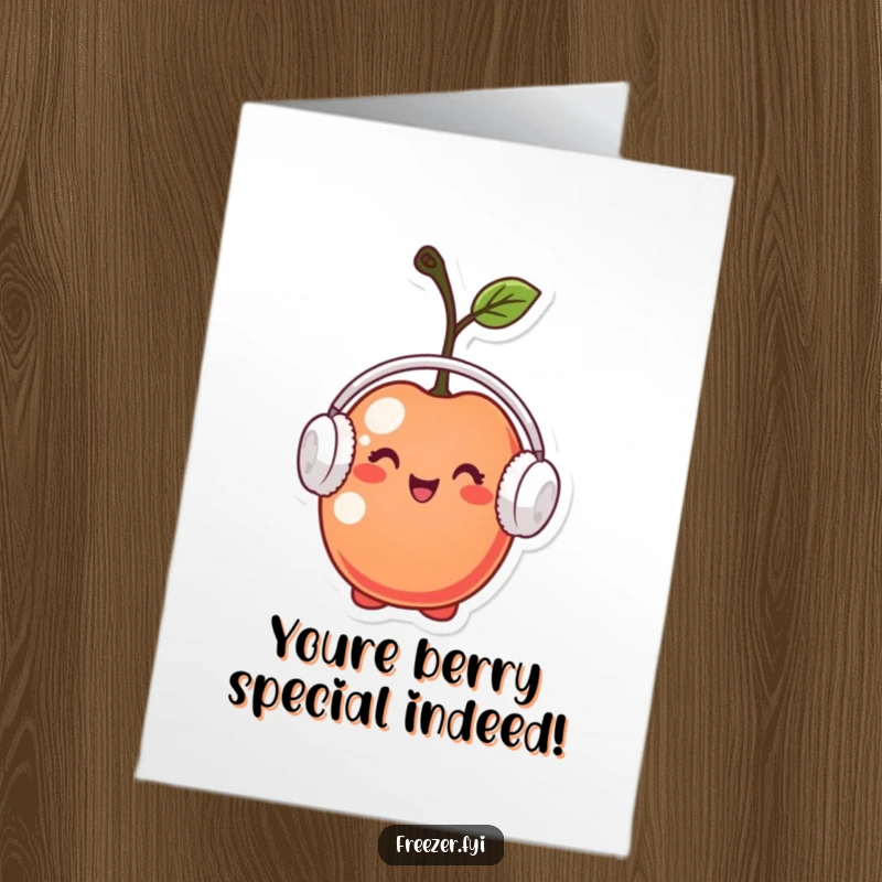 Funny Free Printable Congrats Card: A pleased cherry character in earmuffs, conveying warm congratulations with its cozy appearance.