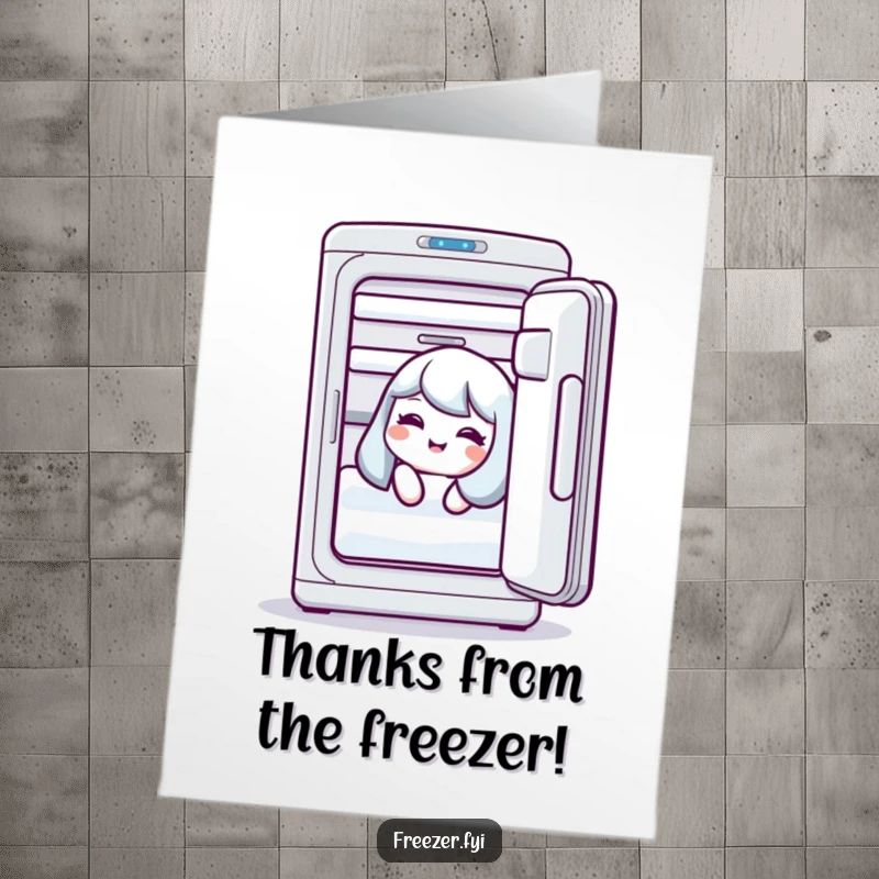 Funny free printable thank you card: a character peeking out of an open freezer door, mid-giggle.
