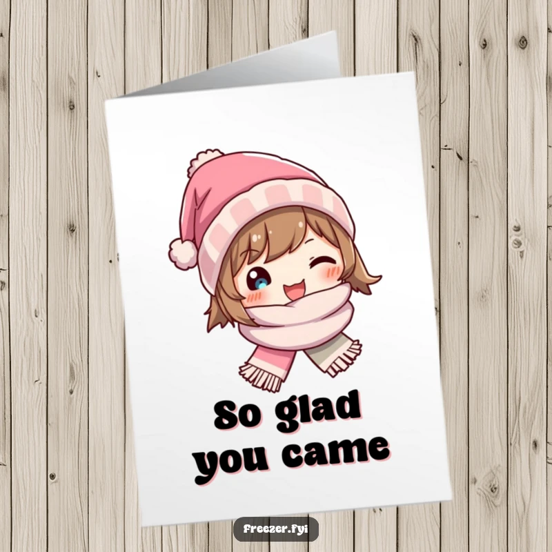 Funny Free Printable Winter Hat Thank You Card: Character cheerfully wears a tiny hat and scarf, expressing gratitude. DIY present.