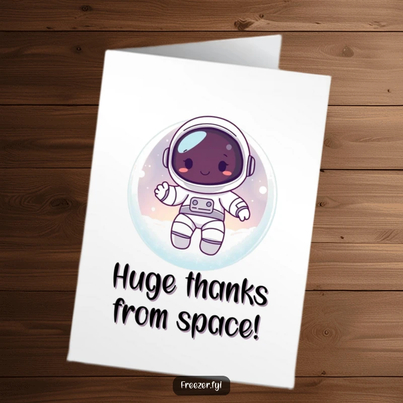 Funny Free Printable Thank You Card: Happy astronaut character floats in a frosty orb, sending thanks.