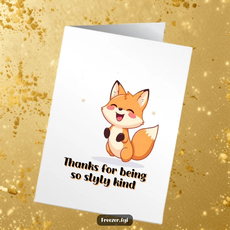 Funny Free Printable Thank You Card: A happy fox gleefully chases falling snowflake patterns, sending thanks with delight.