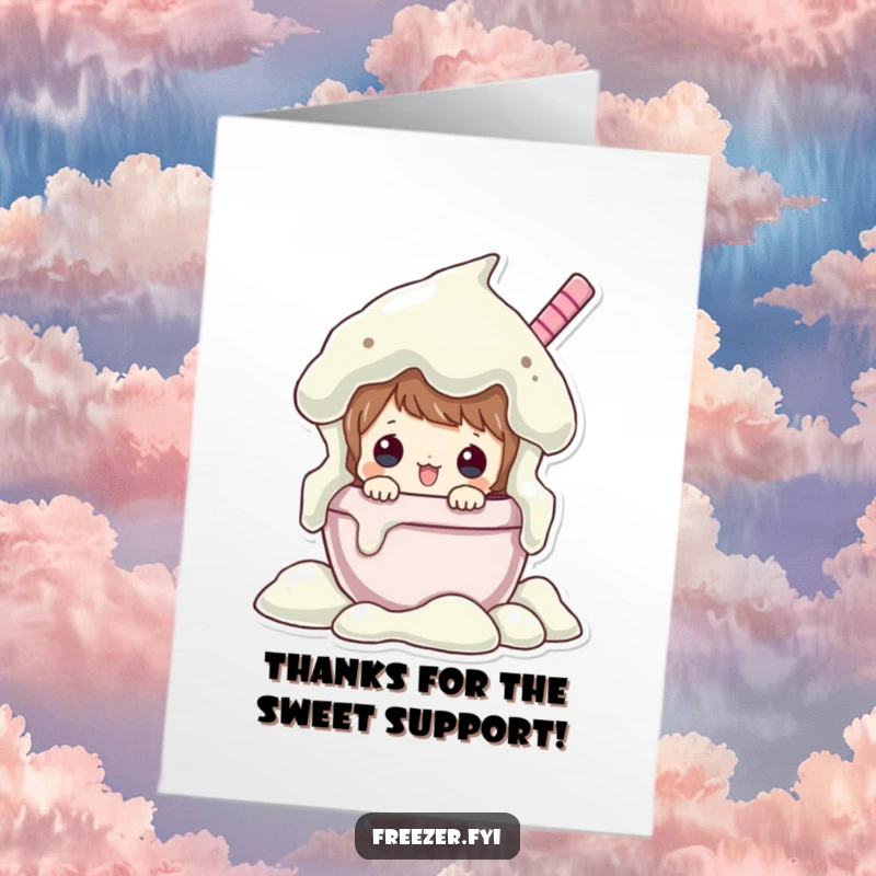 Funny Free Printable Thank You Card: Character peeks from an overflowing ice cream tub, offering sweet and downloadable appreciation.