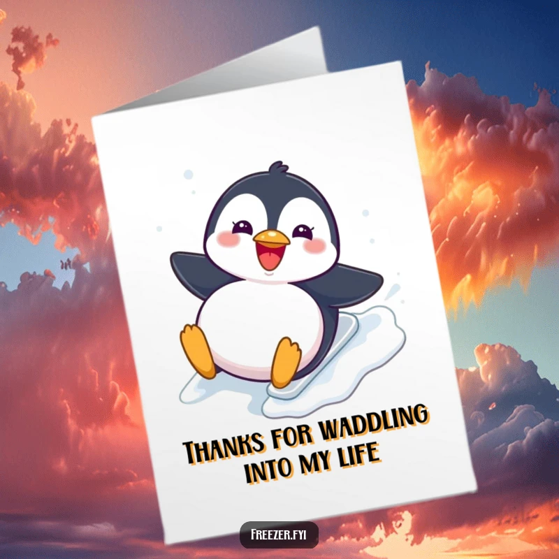 Funny Free Printable Thank You Card: A chubby penguin slides joyfully down an icy slope, expressing thanks playfully.