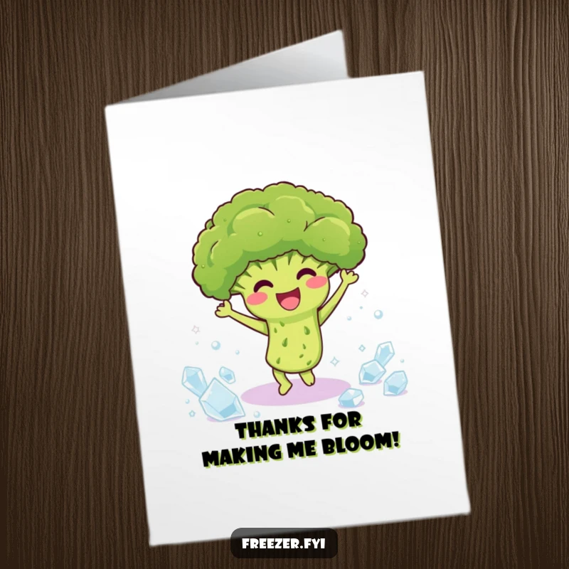 Free Printable Thank You Card: A happy broccoli character dances joyfully amongst shimmering ice crystals.
