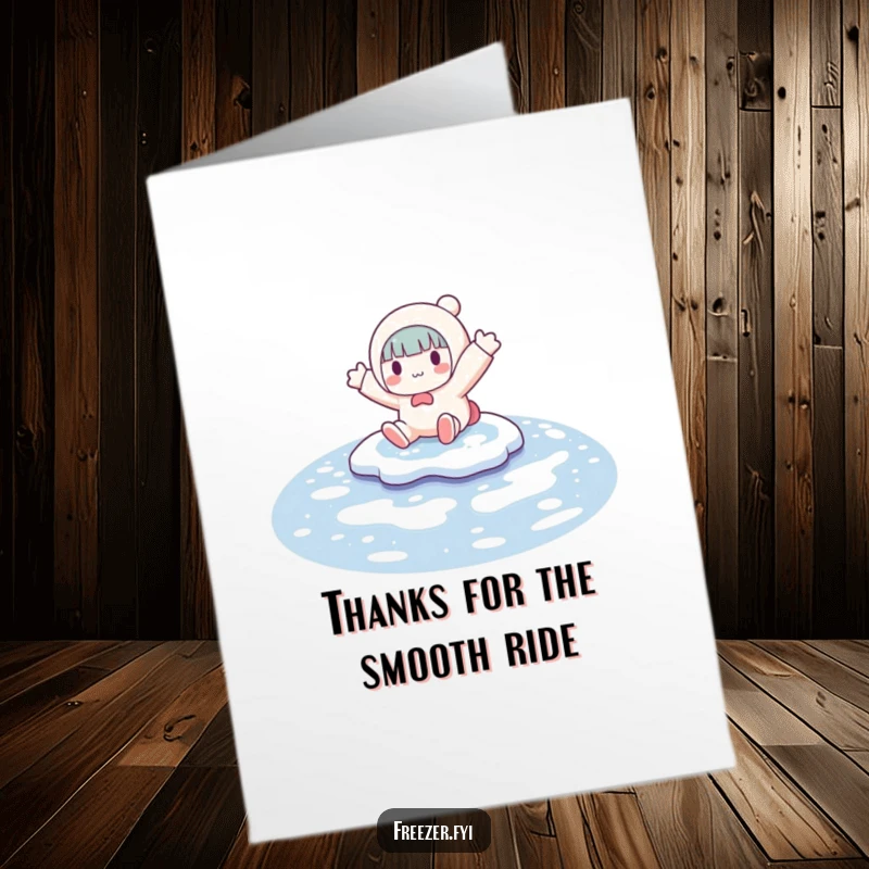 Funny Free Printable Thank You Card: A character comically slides on ice, offering a hilarious thanks with a wide, joyful grin.