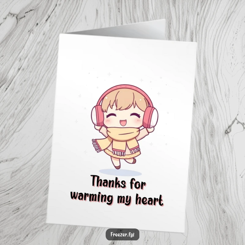 Funny Free Printable Thank You Card: A happy character dances in the snow, wearing winter attire, offering a cheerful and whimsical thank you.