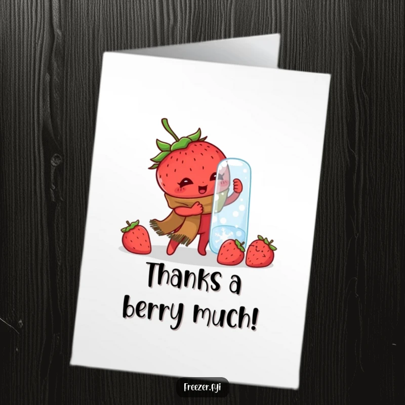 Funny Free Printable Thank You Card: A strawberry wearing a scarf struggles with a very cold, sealed jar