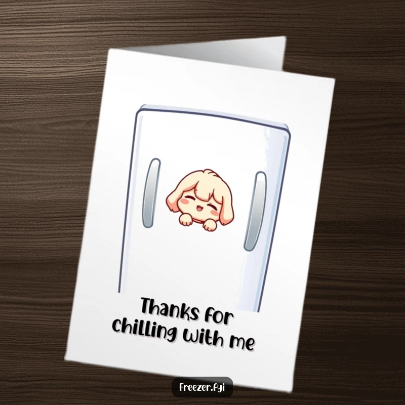 Funny Free Printable Thank You Card: Small character peeking from a freezer door, giving a knowing wink to express thanks.