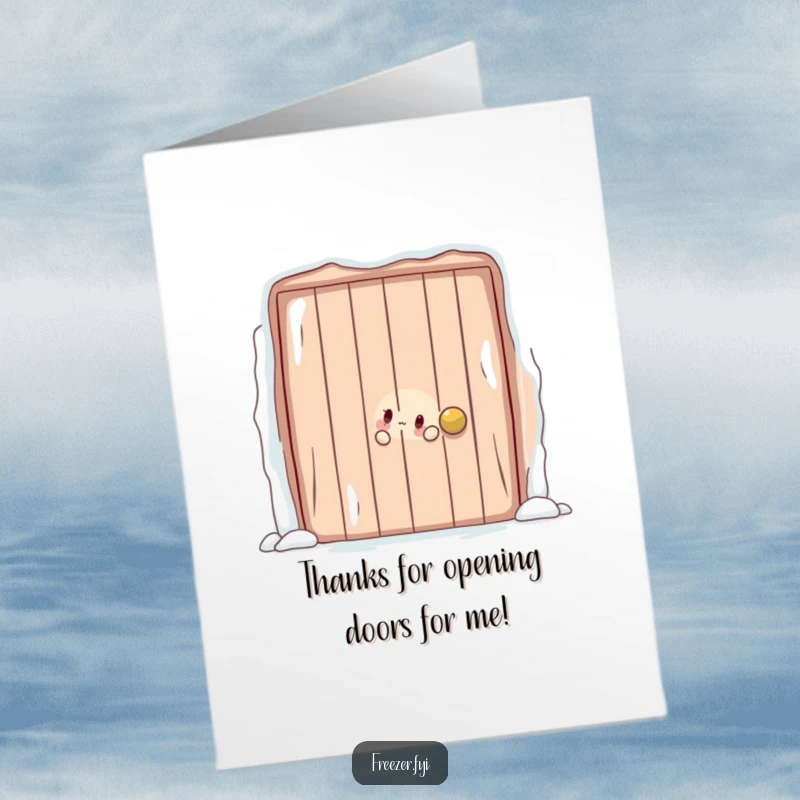 Funny Free Printable Thank You Card: Character playfully peeking from behind a large, frosty door, offering a unique thank you.