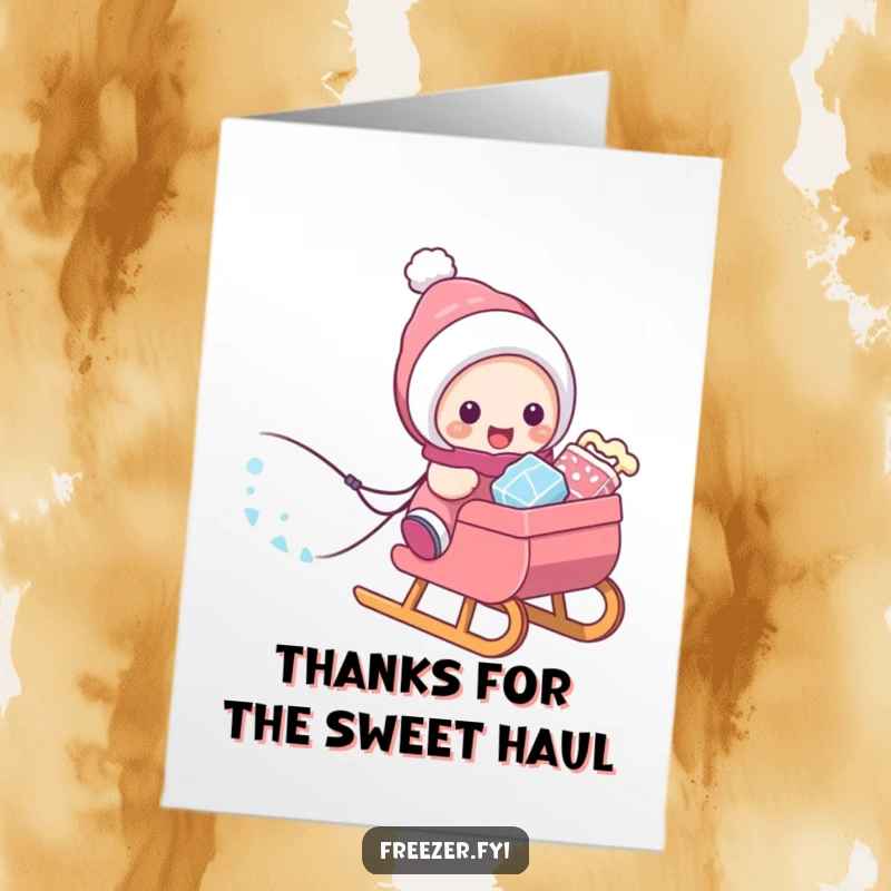 Funny Free Printable Thank You Card: A character joyfully pulls a sled overflowing with cold treats, offering a fun and frosty thank you.