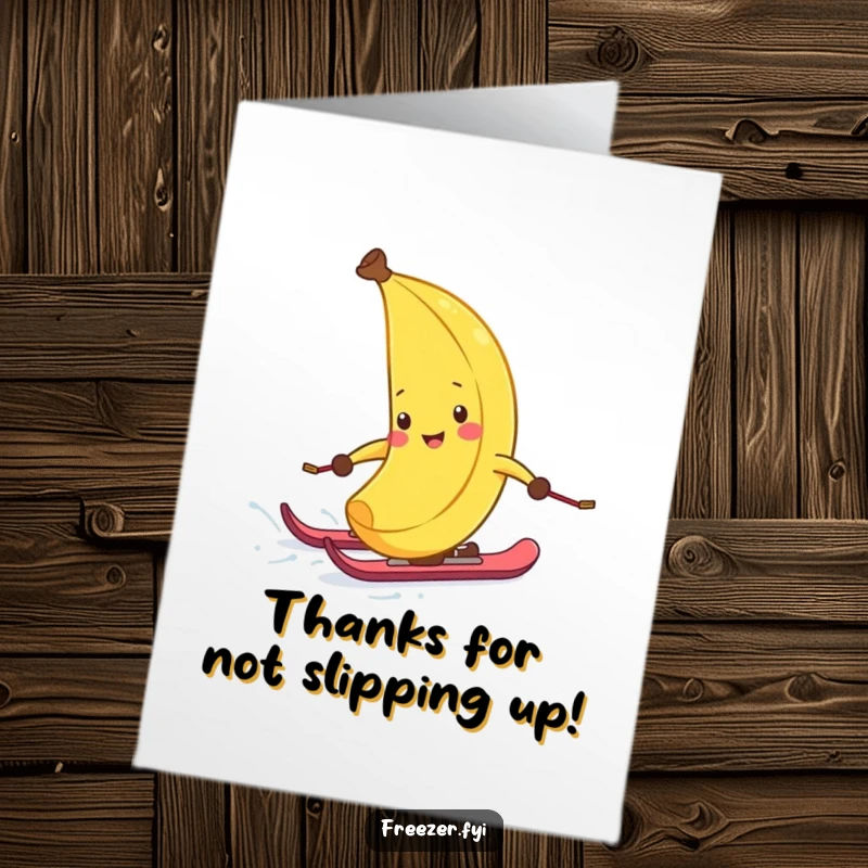 Funny Free Printable Thank You Card: A gleeful banana peel on skis speeds down a winter slope