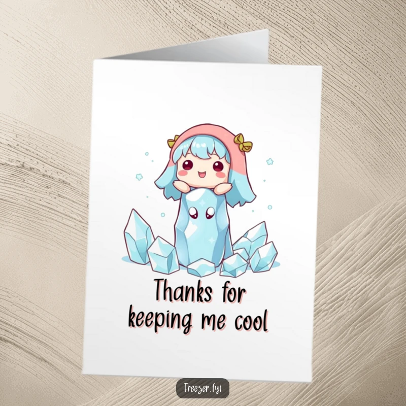 Funny Free Printable Thank You Card: Character happily floating in ice crystals, a calming downloadable gift.