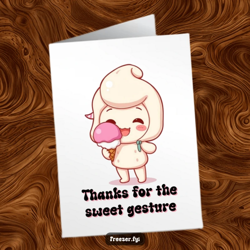 Funny Free Printable Thank You Card: A character happily holding a single, perfect scoop of ice cream, expressing sweet and funny appreciation.