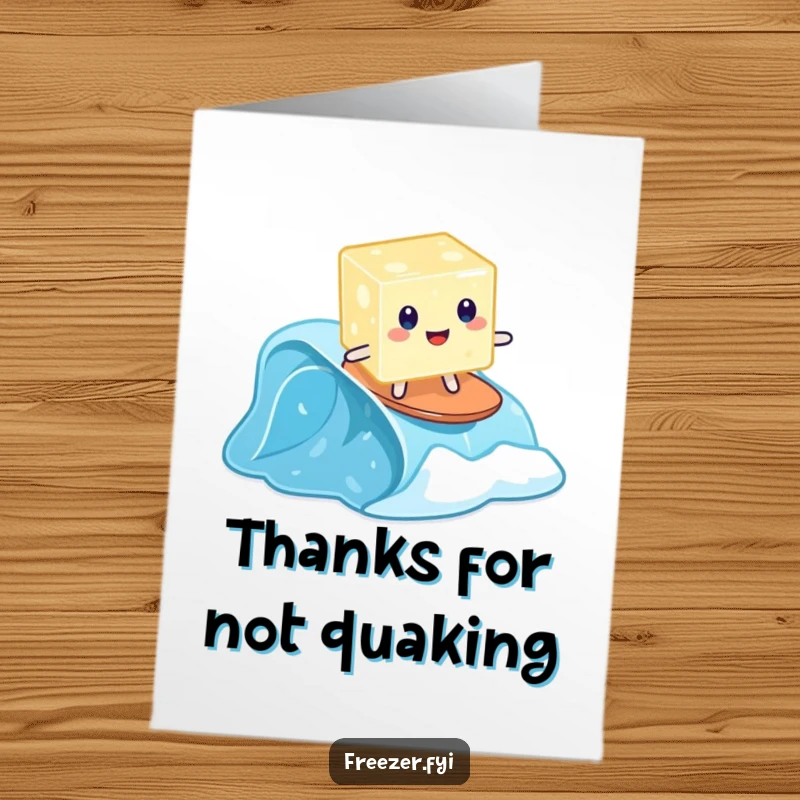 Funny Free Printable thank you card: a wobbly jelly cube attempting to surf a frozen wave, a uniquely humorous expression of thanks.