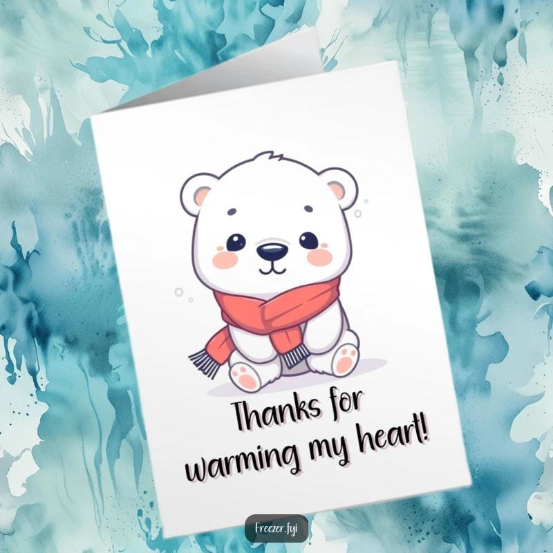 Funny Free Printable Thank You Card featuring a kawaii polar bear in a scarf, shivering playfully.