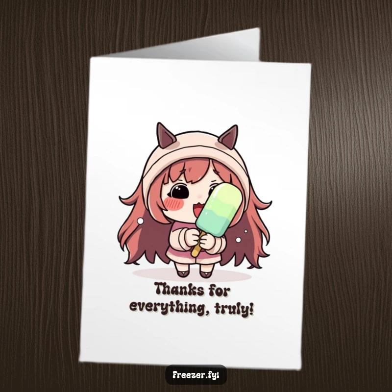 Funny Free Printable Thank You Card: Character with rosy cheeks shivering dramatically while holding a mini popsicle. Humorous gratitude.