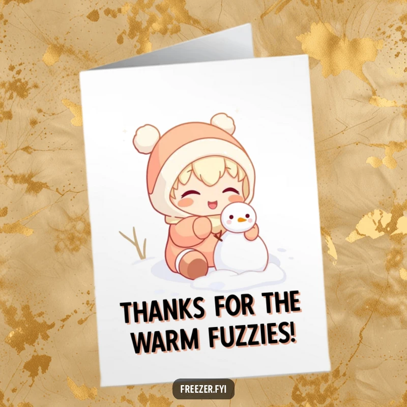 Funny Free Printable Thank You Card: Character attempting to build a snowman indoors, conveying thanks with playful humor.