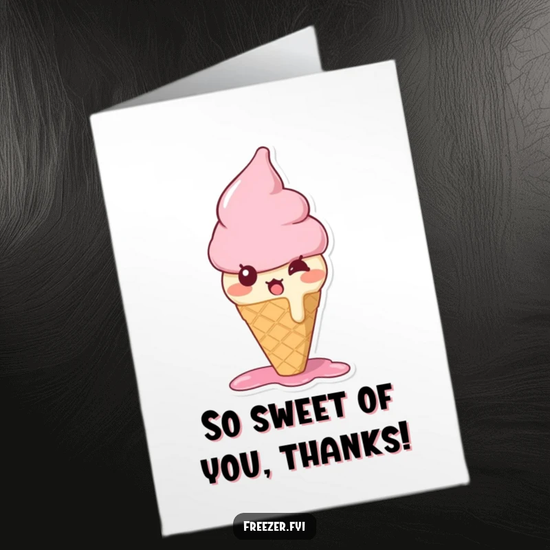 Funny Free Printable Thank You Card featuring a cute, melting ice cream cone character looking surprised.