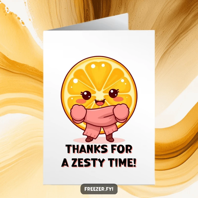 Free Printable Thank You Card: A joyful orange slice character, bundled in winter wear, expresses thanks.