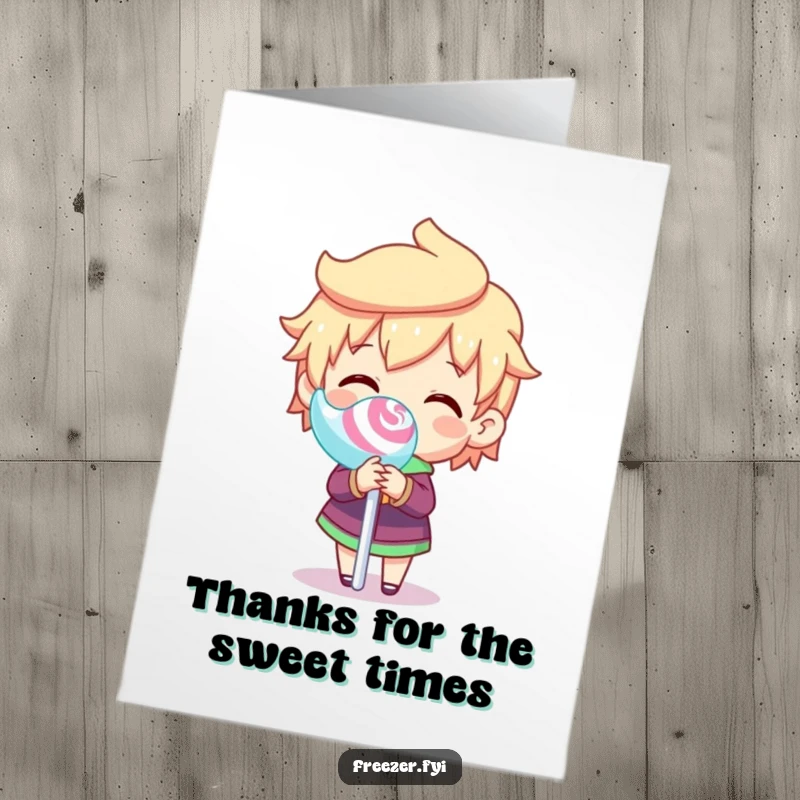 Funny Free Printable Thank You Card: Character joyfully spinning a frozen lollipop stick, expressing thanks.