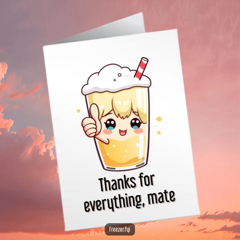 Funny Free Printable Thank You Card: Character giving a thumbs up inside a frosty beverage, conveying thanks.