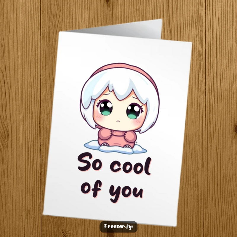Funny Free Printable Icicle Thank You Card: Wide-eyed character gazes at a luminous icicle, expressing thanks. DIY present.