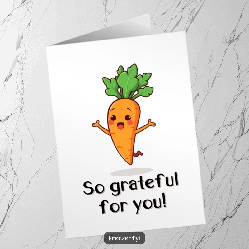 Funny Free Printable Thank You Card: A cheerful carrot character in a surprised jump, expressing delightful thanks, easy to print.