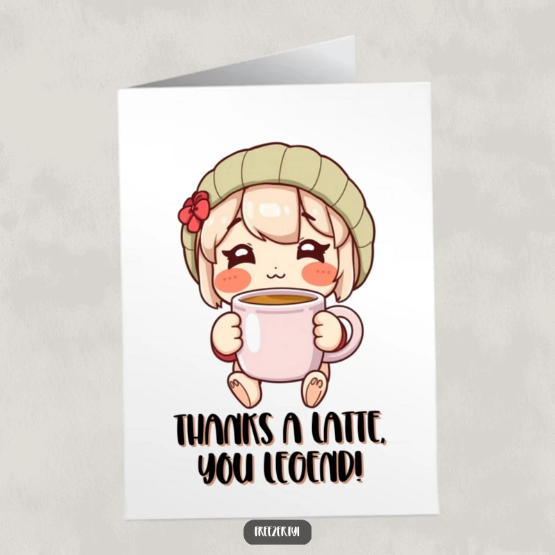 Funny Free Printable Thank You Card: Character with rosy cheeks happily holding a warm mug, conveying thanks with cozy comfort.