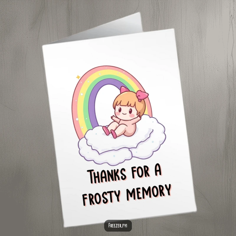 Funny Free Printable Thank You Card: A character happily sliding down a rainbow made of frost, offering a fun and chilly thank you.