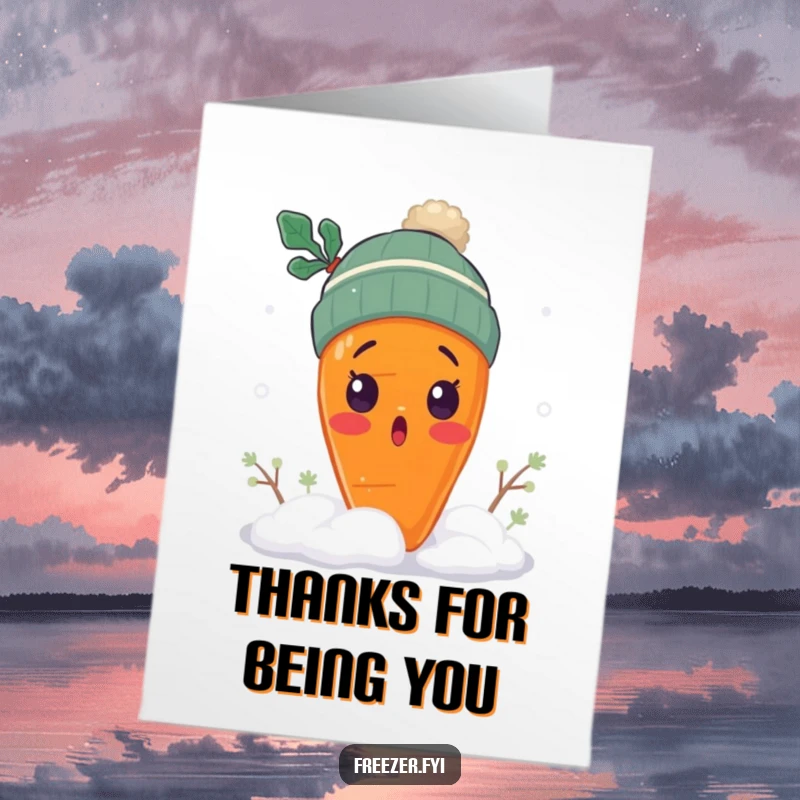 Funny Free Printable Carrot Thank You Card: A surprised carrot in a winter hat shivers in the snow.