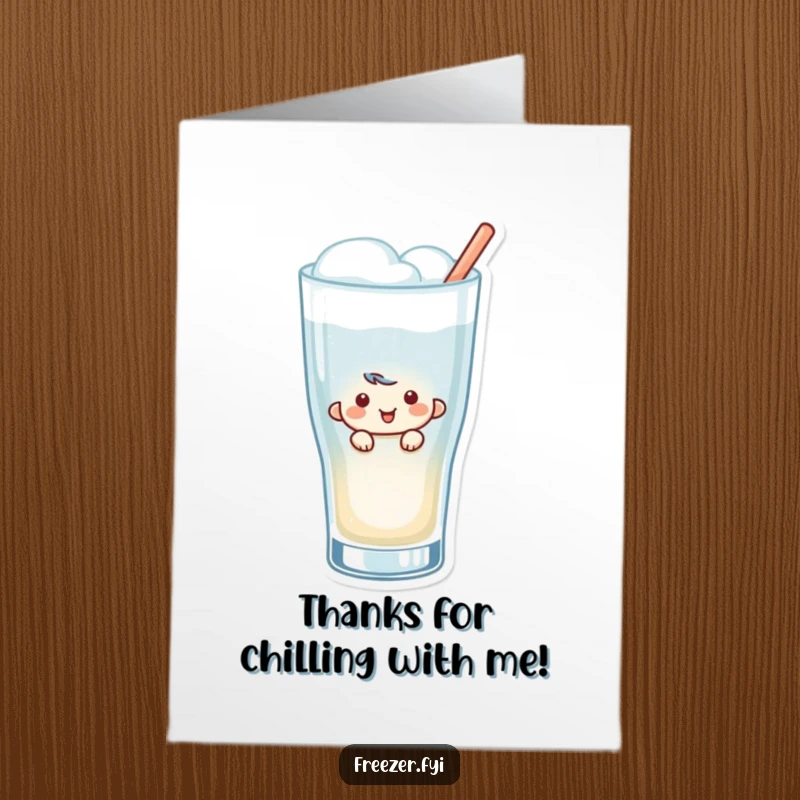 Free Printable Thank You Card: Character peeking from a frosty drink glass, smiling and offering thanks.