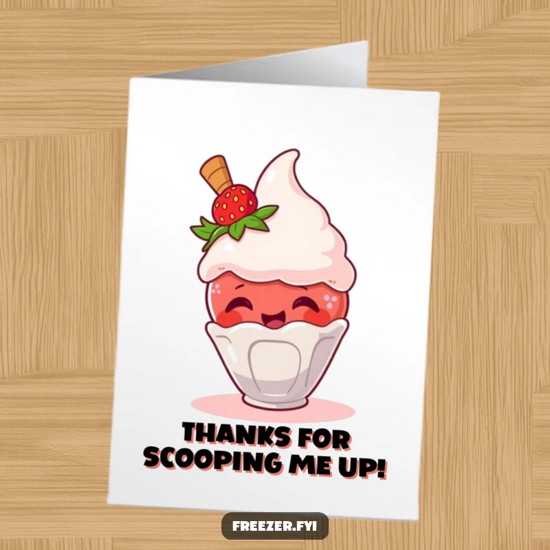 Free Printable Thank You Card: A giggling strawberry character hilariously escapes an ice cream scoop.