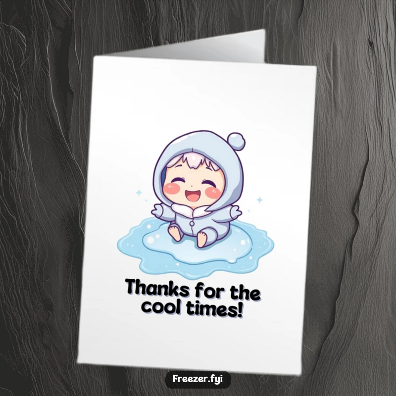 Funny Free Printable Thank You Card: Character with icy blue cheeks laughing while sliding on a frozen puddle. Humorous thanks.
