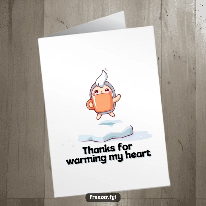 Funny Free Printable Thank You Card: Character Hopping Excitedly with a Steaming Mug on Frosty Ground, Cheerful Thanks