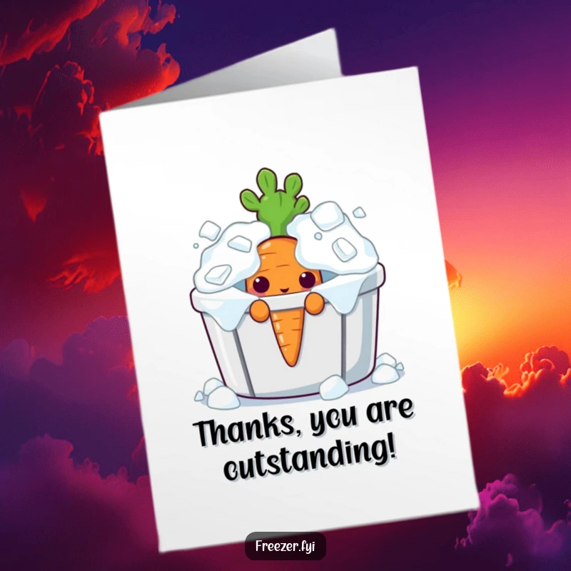 Funny Free Printable Thank You Card: A curious carrot peeking from an ice bin, a cool and downloadable thank you gift.