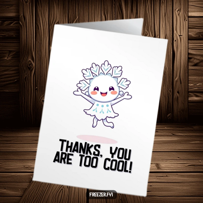 Funny Free Printable Thank You Card: A happy snowflake character dancing, a graceful and downloadable winter gift.