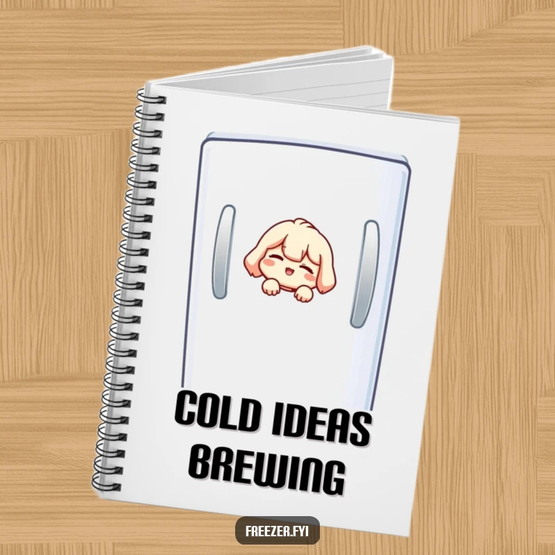 Funny freezer notebook with a small character peeking from a freezer, offering a knowing wink.