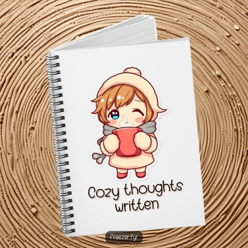 Funny notebook cover showing a character in mittens holding a steaming mug, perfect for jotting down warm, cozy, and humorous thoughts.
